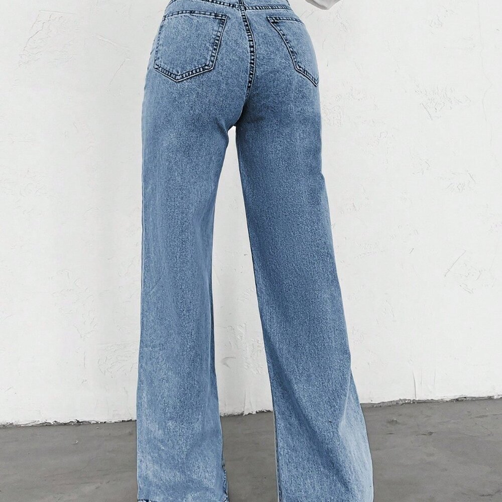 Medium Wash Casual Women's High Waist Wide Leg Jeans Slim Fit Denim Trousers - Picture 2 of 5